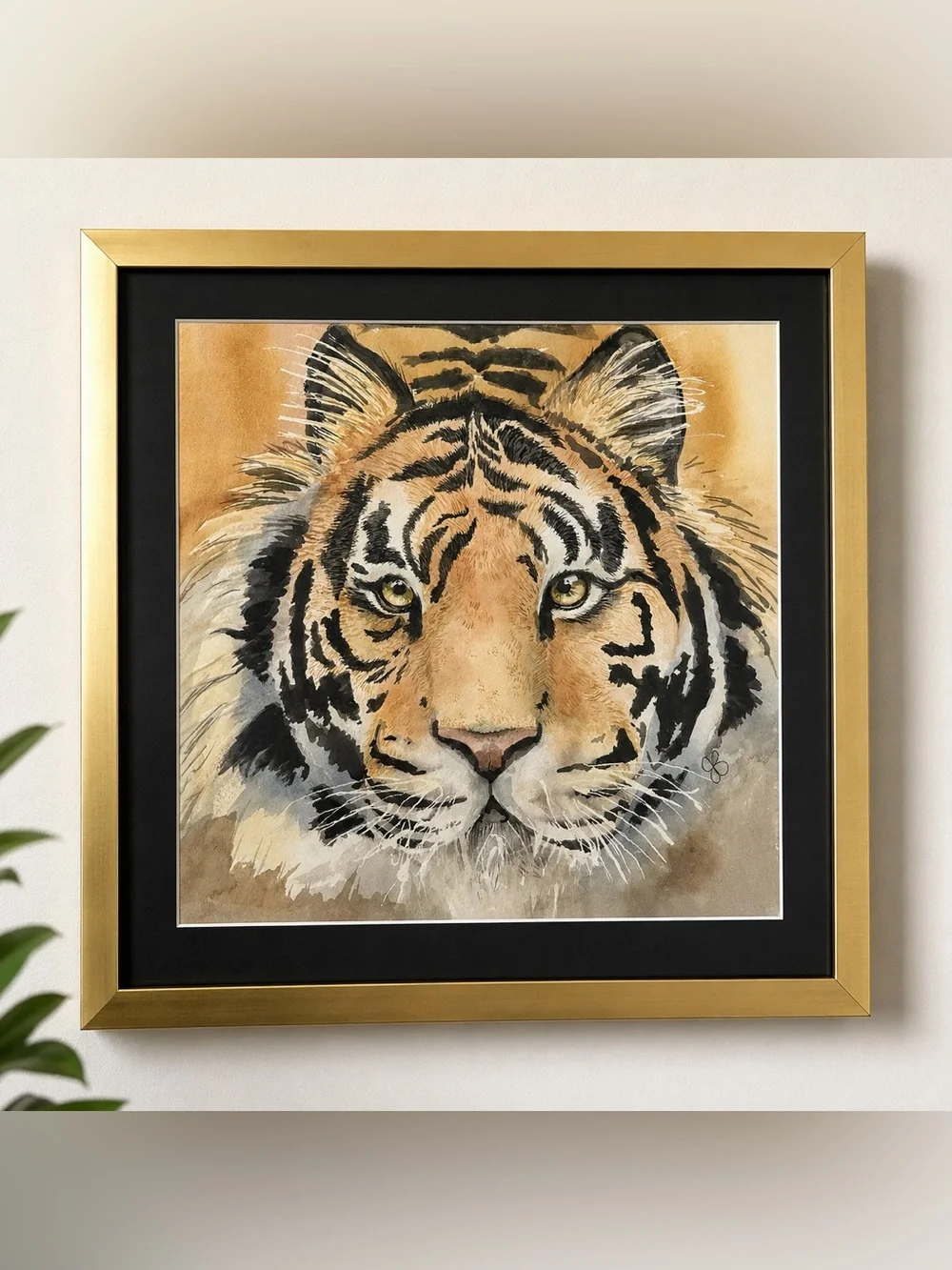 Framed Tiger Wildlife Art Print Black & Gold Frame 13” x 13” Wall Decor